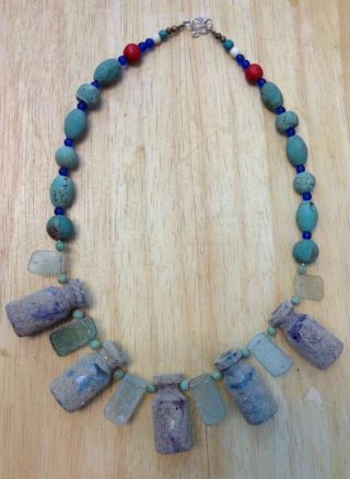 Afghan Natural Antique Ancient Roman Glass With Turquoise Beads Strand Necklace photo
