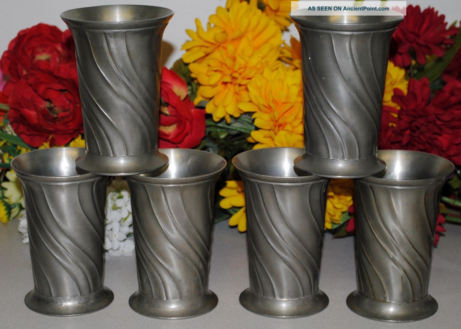 Old Set Of 6 Fein Zinn Pewter Tumblers Metalware photo