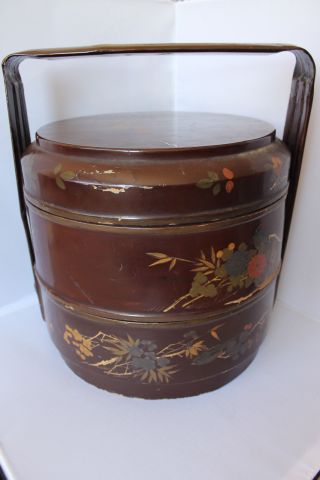 Chinese Maroon Brown Lacquer Gilt 2 Layer Stack Wedding Basket Hand Painted photo