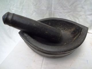 221 Antique Indian Black Stone Marble Tribal Spices Grinder Mortar Pestle Kharal photo