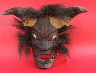Vintage Wood Hand Carved Tribal Devil Mask Real Horns & Cowrie Shell Eyes photo