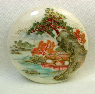 Lg Antique Meiji Satsuma Button Lakeside Scene W/ Maples & Pines & Gold Bkmk photo