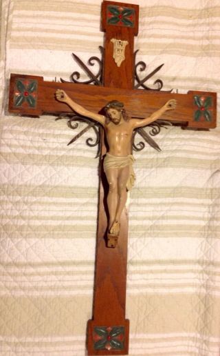 Large Spanish Or German Wrought Iron And Wood Wall Crucifix photo