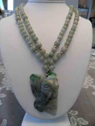 Vintage Antique Jade Jadeite Bead Necklace Large Carved Fish Pendent Enamel photo