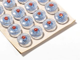Card (24) 14mm Vintage Czech Deco Red Hand Painted Flower Blue Glass Buttons photo