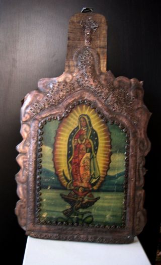 Antique Mexico Religious Icon Tooled Tin Wood Retablo Virgin Virgen De Guadalupe photo