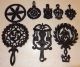 Assorted Vintage Ornate Black Cast Iron Trivets Wall Hanging Footed Some Vmc Trivets photo 1