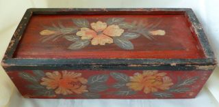 Antique Primitive Scandinavian Candle Box Hand Painted Sliding Top Flowers Lemon photo