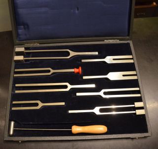 Vintage Set Of 8 Tuning Forks Marked Pitch + Hertz & Mallet & Velvet Lined Case photo