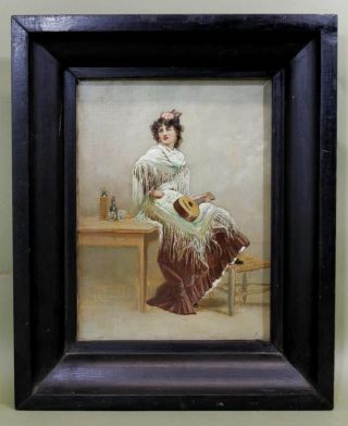 Antique Victorian Portrait O/c Oil Painting,  Spanish Woman,  Shawl & Mandolin photo