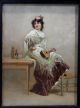 Antique Victorian Portrait O/c Oil Painting,  Spanish Woman,  Shawl & Mandolin String photo 2