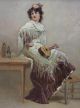 Antique Victorian Portrait O/c Oil Painting,  Spanish Woman,  Shawl & Mandolin String photo 3