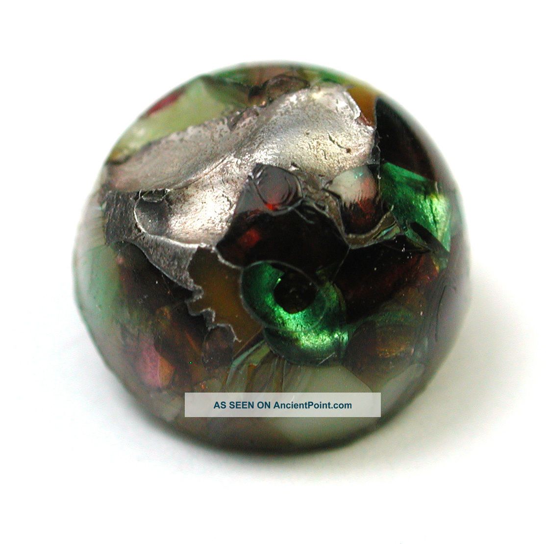 Antique Leo Popper Glass Button Green Orang E Silver On Cream Dome Buttons photo