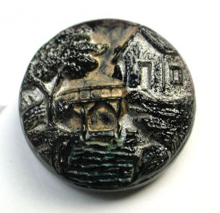Antique Black Glass Button Cottage W/ Bridge Gold & Silver Luster photo
