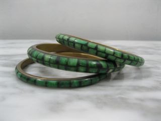 Of 3 Mid Century Brass & Tessellated Green Bone Inlay Bangle Bracelets photo