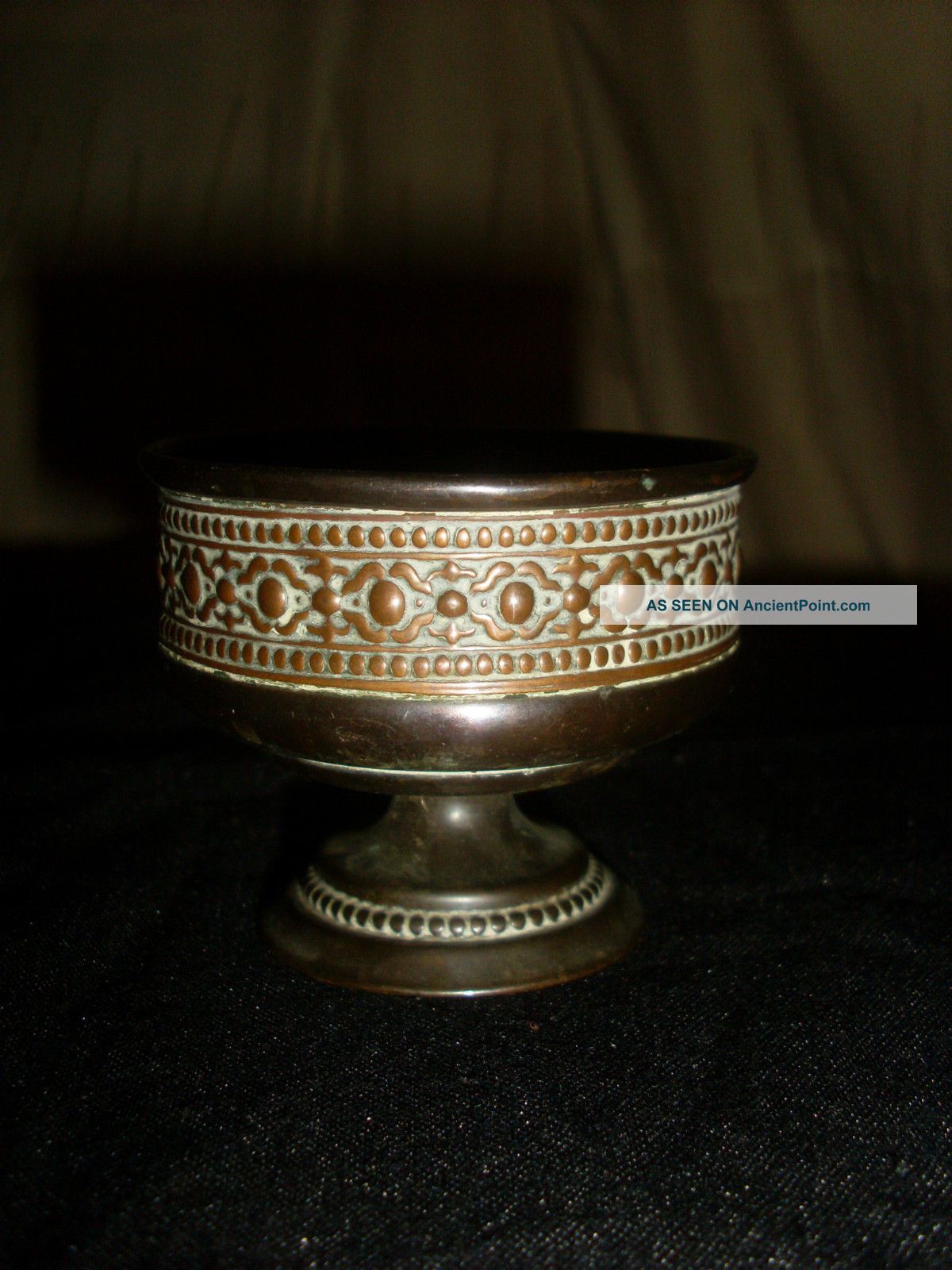 Heavy Antique Bronze Copper Inlay Pedestal Goblet,  Cup Other photo