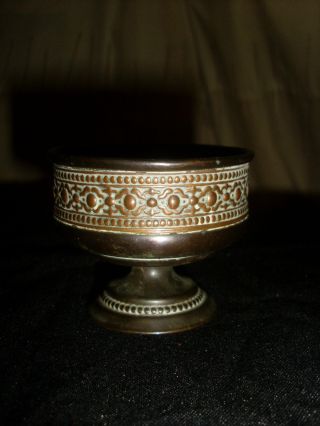 Heavy Antique Bronze Copper Inlay Pedestal Goblet,  Cup photo