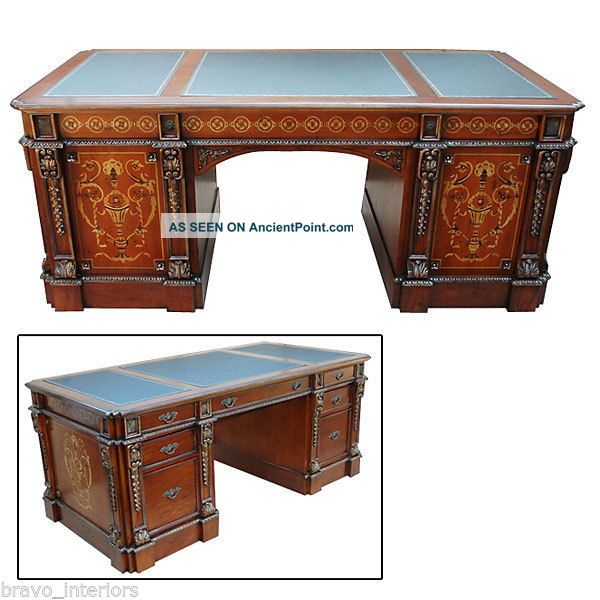 Desk Antique Spanish Style Solid Mahogany Leather Insets Inlaid Handmade New 1800-1899 photo