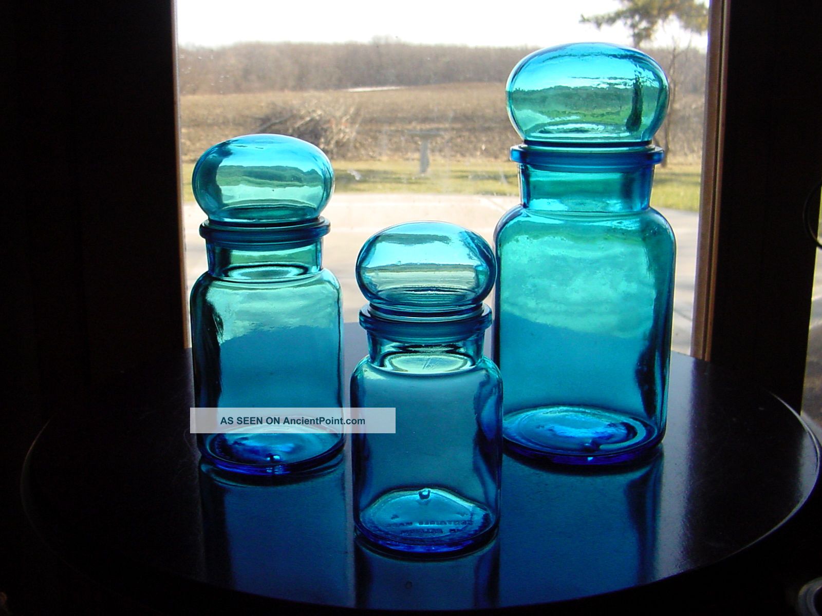 Set Of 3 Vintage Blue Art Deco Glass Apothecary Bottle Jars W/ball Lids Bottles & Jars photo