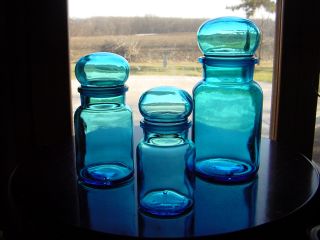 Set Of 3 Vintage Blue Art Deco Glass Apothecary Bottle Jars W/ball Lids photo