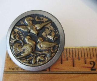 Antique Brass Metal Picture Button Turtle Doves Love Birds Story Button 1 1/3 