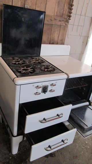 Old Vintage Gas Cooking Oven - Lawson Cooking Stove - White Porcelain Enamel photo