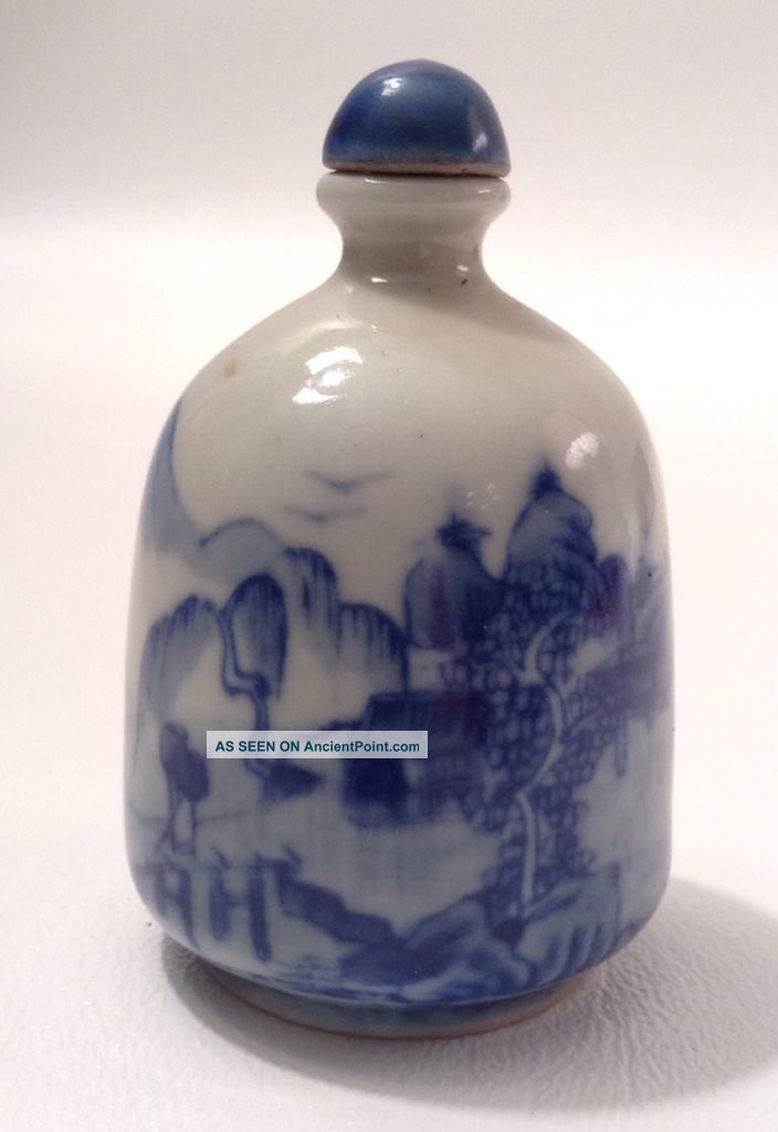 Signed 19th C.  Chinese Porcelain Snuff Bottle,  Enameled Blue & White Design Snuff Bottles photo
