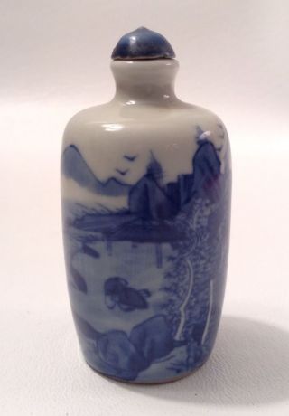 Signed 19th C.  Chinese Porcelain Snuff Bottle,  Enameled Blue & White Design photo