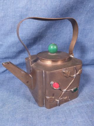 New Republic Chinese Brass Teapot W Coral Red And Jade Green Glass Stones C 1930 photo