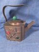 New Republic Chinese Brass Teapot W Coral Red And Jade Green Glass Stones C 1930 Teapots photo 2