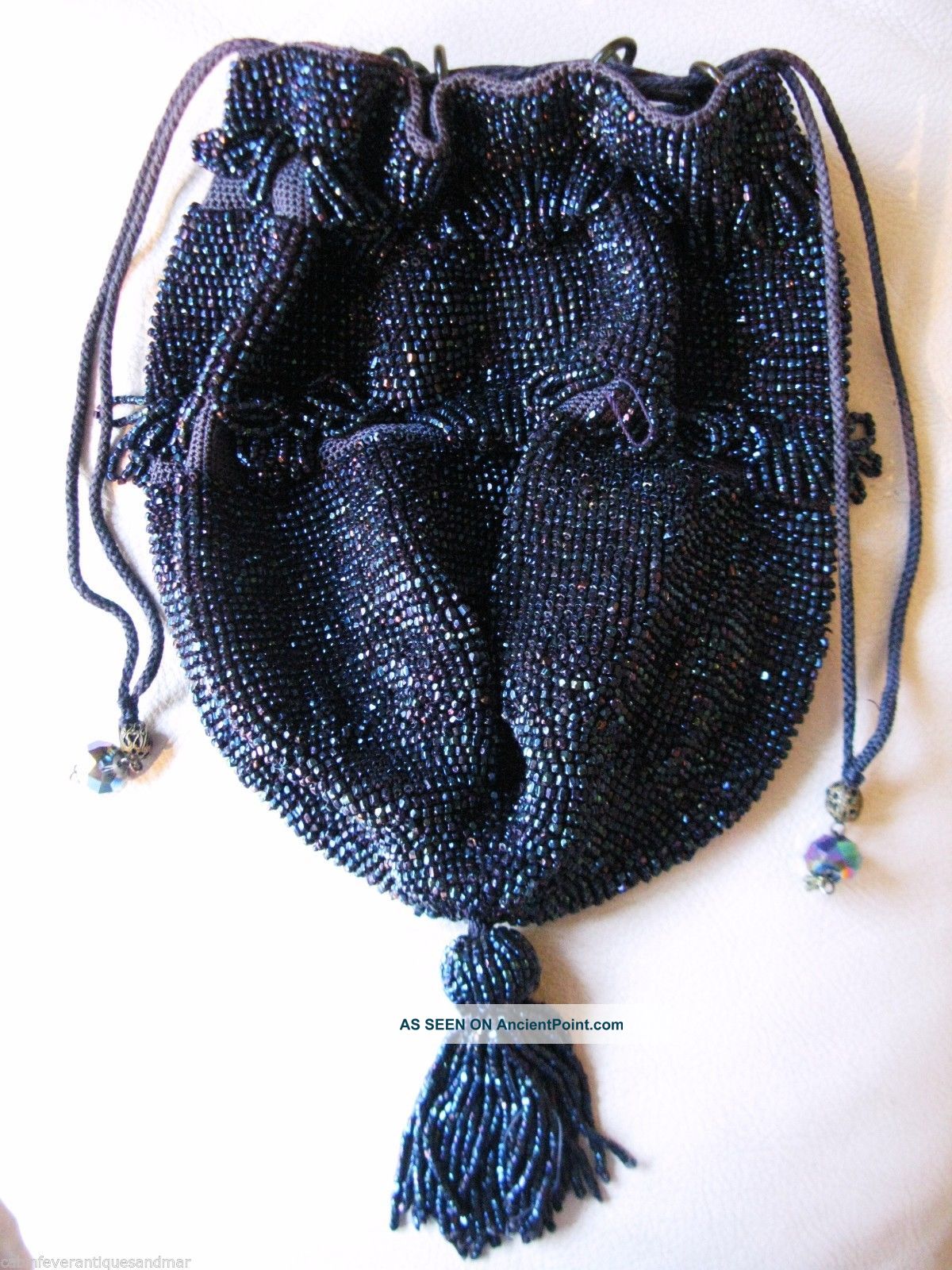 Antique Art Deco Purple Crystal Blue Crochet Carnival Bead Drawstring Purse Art Deco photo