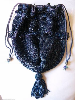 Antique Art Deco Purple Crystal Blue Crochet Carnival Bead Drawstring Purse photo