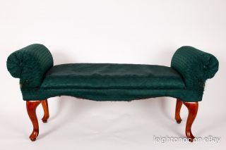 Vintage Antique Green Upholstered Widow Seat Bench W/ Scroll Arms photo