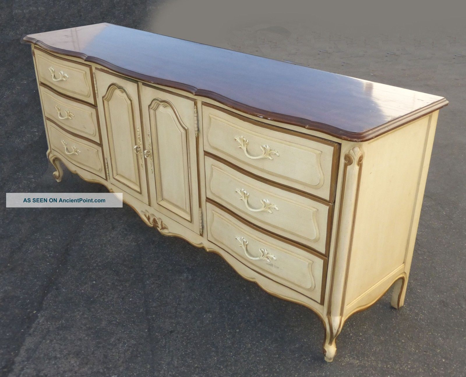 Vintage French Provincial Wood Dresser Cream Color With Gold & Dark Wood Top Post-1950 photo