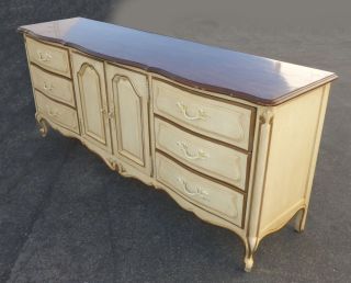 Vintage French Provincial Wood Dresser Cream Color With Gold & Dark Wood Top photo