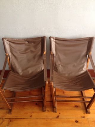 Gold Medal Folding Furniture Sling Chairs Set Of 2 Brown Wood Mid Century Modern photo