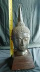 Antique Thai Bronze Buddha Head Sculpture On Wooden Base Statues photo 11