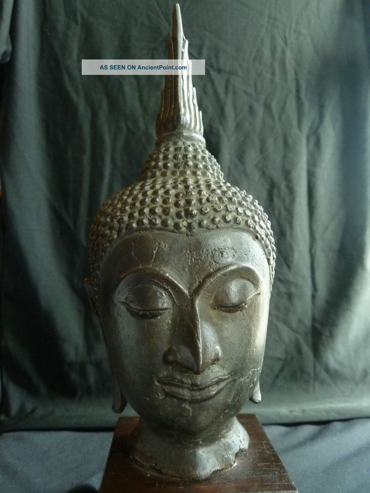 Antique Thai Bronze Buddha Head Sculpture On Wooden Base Statues photo