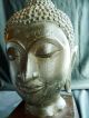 Antique Thai Bronze Buddha Head Sculpture On Wooden Base Statues photo 2
