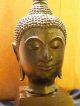 Antique Thai Bronze Buddha Head Sculpture On Wooden Base Statues photo 3