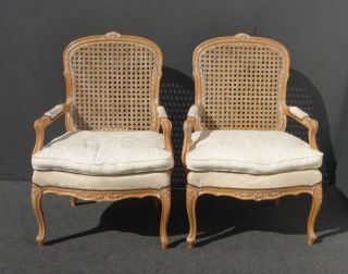 Vintage French Provincial Wood Cane Back Upholstered White Arm Chairs photo