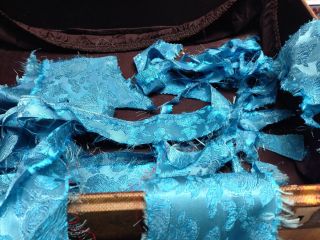 Vintage Bright Aqua Fabric Pieces Brocade Type With Flower Design Crafts,  Trim photo