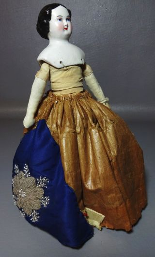 Very Rare Victorian Porcelain Sewing Half Doll On Metal Stand W/dress photo
