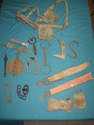 Vtg Antique Old Farm Relic Tool Log Dog Horse Tack Bale Meat Hook Axe Stove photo