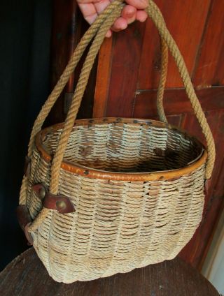 Primitive Basket With Hemp Rope Handles Attached With Leather & Brass Hardware photo