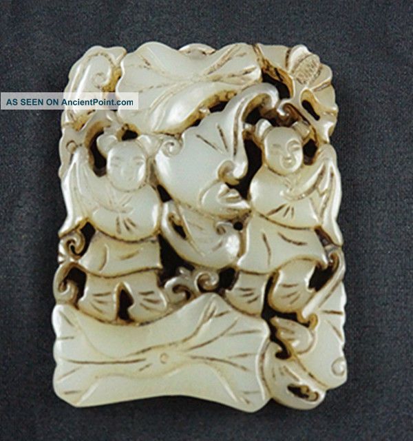 Chinese Antiques Old Jade Carving Character Pattern Amulet Pendants Piece Amulets photo
