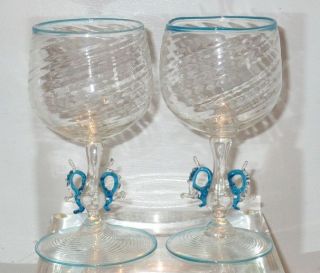Antique Blue Venetian Glass Wine Stems W Serpent Decoration photo