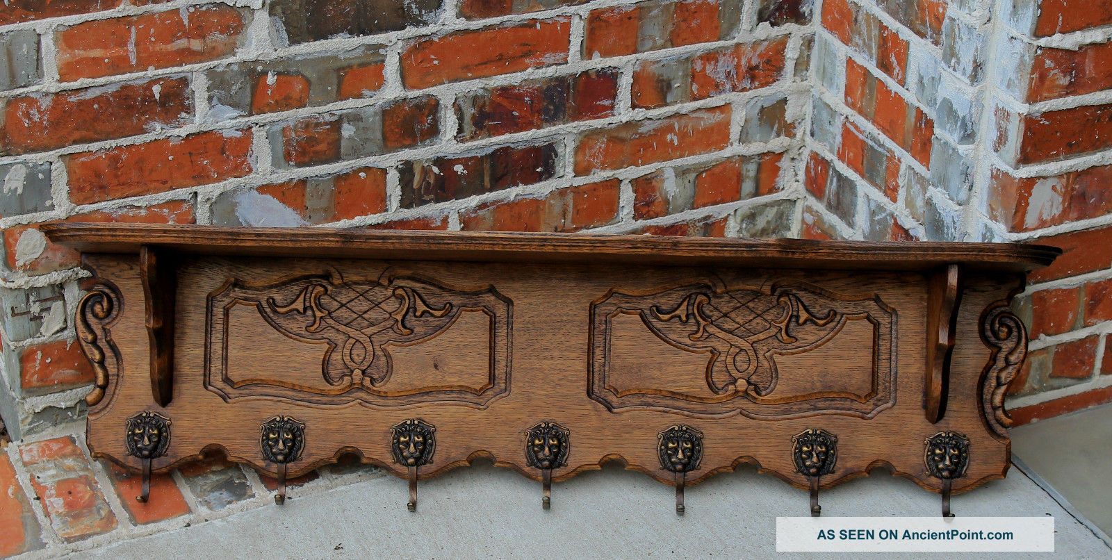 Antique French Country Oak Wall Shelf Coat Hat Copper Pot Rack Lion ' S Mask Hooks 1900-1950 photo