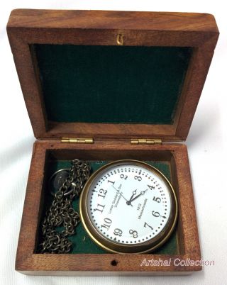 Hand - Made Pocket Watch With Wooden Case And Chain.  White Dial photo