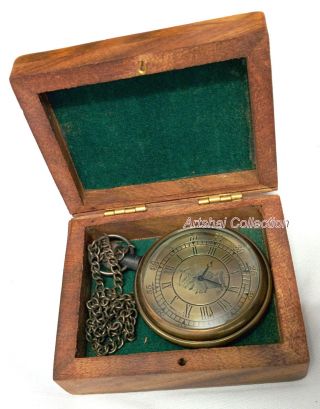 Hand - Made Engraved Pocket Watch With Wooden Case And Chain photo